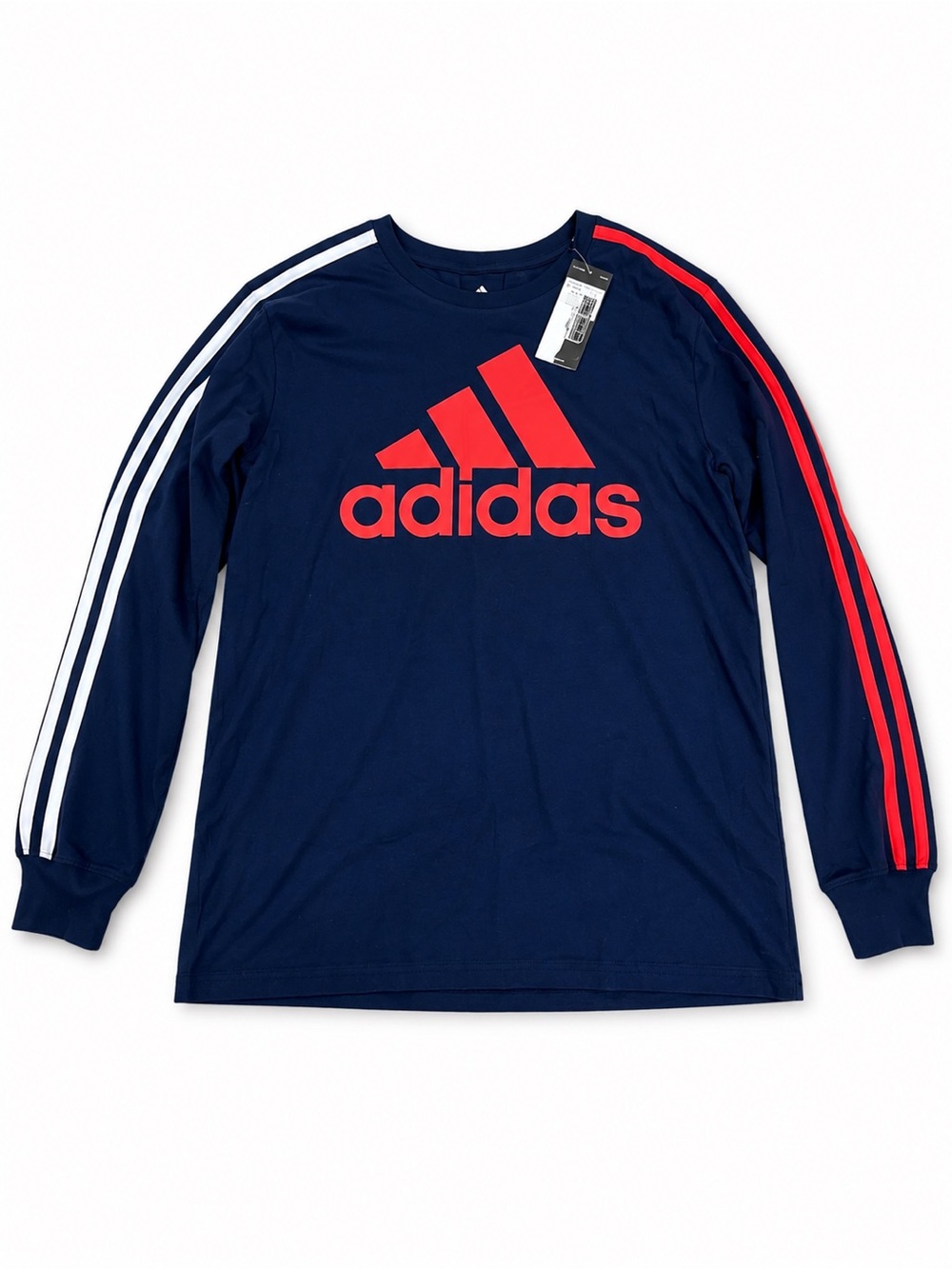 adidas Navy Long Sleeve Tee with Red Logo and White & Red Stripe Sleeves